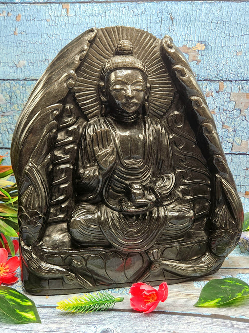Silver Sheen Buddha - handmade carving of serene and meditating Lord Buddha - crystal/reiki/healing - 11 inches and 4.40 kg (9.68 lb)