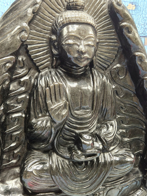 Silver Sheen Buddha - handmade carving of serene and meditating Lord Buddha - crystal/reiki/healing - 11 inches and 4.40 kg (9.68 lb)