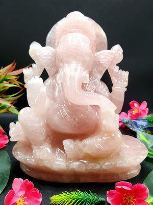 Large Rose Quartz Gemstone Ganesh Carving Handmade - Lord Ganesha Idol |Sculpture in Crystals and Gemstones -Reiki/Chakra - 8.5 inch and 4.43 kgs