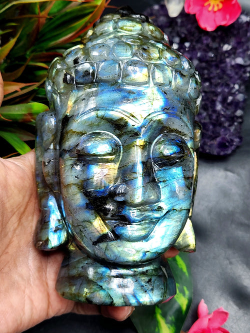 Labradorite or Black Rainbow Gemstone Buddha Head - handmade carving of serene and meditating Lord Buddha - crystal/reiki/chakra - 6 inches and 1.23 kgs