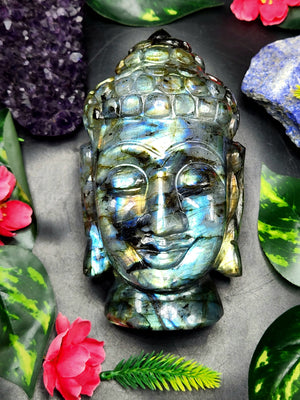 Labradorite or Black Rainbow Gemstone Buddha Head - handmade carving of serene and meditating Lord Buddha - crystal/reiki/chakra - 6 inches and 1.23 kgs