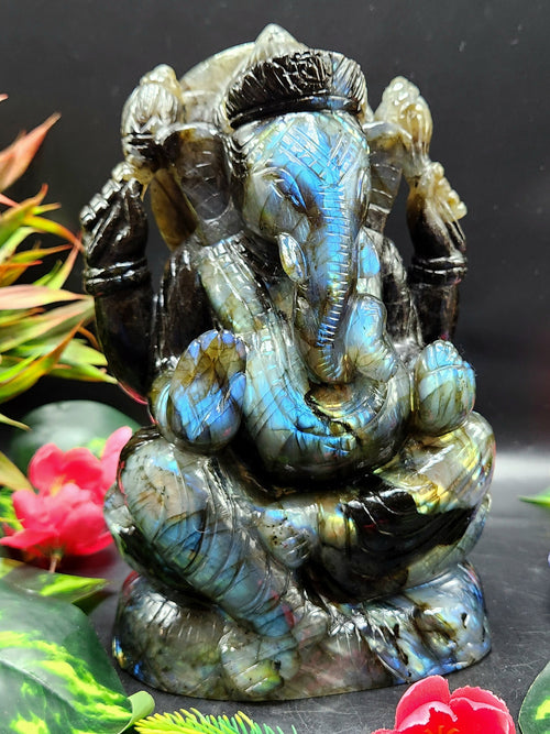 Black Rainbow Gemstone or Labradorite Handmade Carving of Ganesh with blue flash - Lord Ganesha Idol | Figurine in Crystals and Gemstones - 7.5 inches and 2.87 kgs