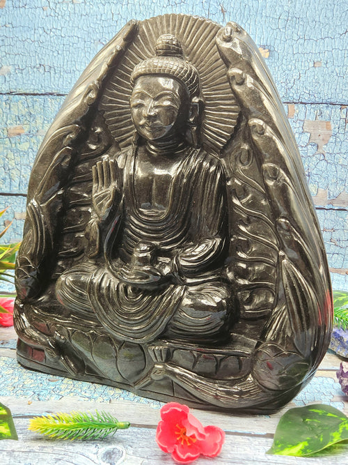 Silver Sheen Buddha - handmade carving of serene and meditating Lord Buddha - crystal/reiki/healing - 11 inches and 4.40 kg (9.68 lb)