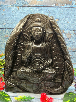 Silver Sheen Buddha - handmade carving of serene and meditating Lord Buddha - crystal/reiki/healing - 11 inches and 4.40 kg (9.68 lb)