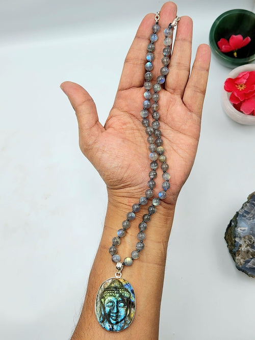 Black Rainbow or Labradorite bead necklace with labradorite Buddha pendant | gemstone/crystal jewelry | Mother's Day/Anniversary/Engagement gift