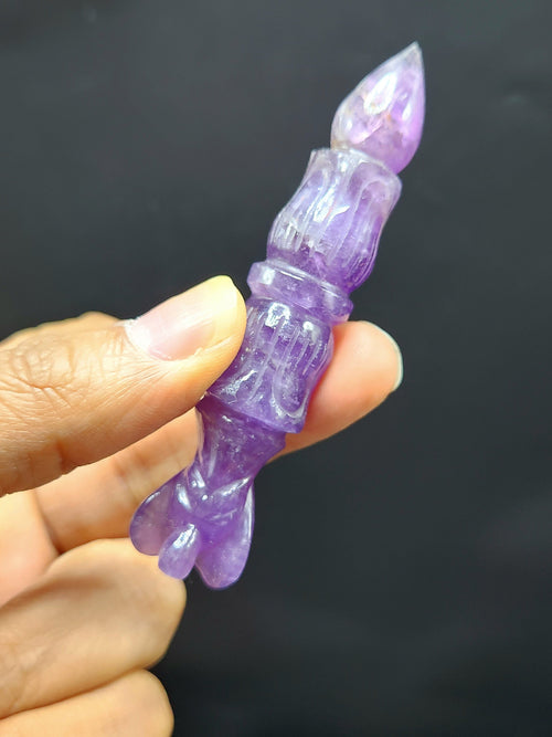 Unique Amethyst carving of a traditional phurba with angel carving at top - Carvings in gemstones and crystals - 3.5 inches and 30 gms