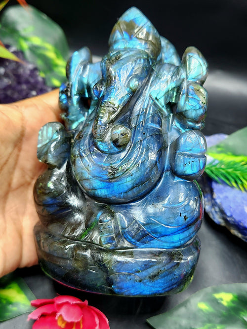 Labradorite Handmade Carving of Ganesh with blue flash - Lord Ganesha Idol | Figurine in Crystals and Gemstones - 5 inches and 0.77 kgs