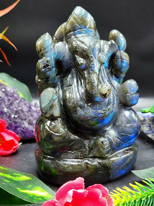 Labradorite Handmade Carving of Ganesh with blue flash - Lord Ganesha Idol | Figurine in Crystals and Gemstones - 5 inches and 0.77 kgs