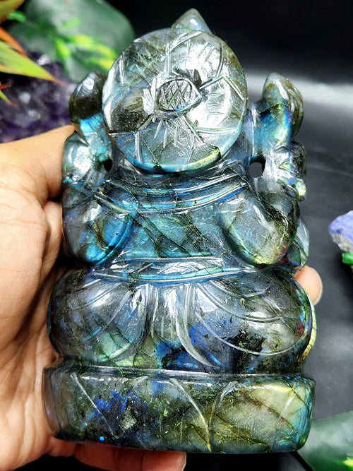 Labradorite Handmade Carving of Ganesh with blue flash - Lord Ganesha Idol | Figurine in Crystals and Gemstones - 5 inches and 0.77 kgs