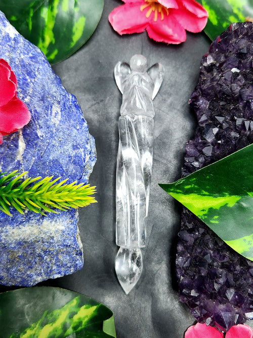 Clear Quartz carving of a traditional phurba with angel carving at top - Carvings in gemstones and crystals - 4.5 inches and 40 gms