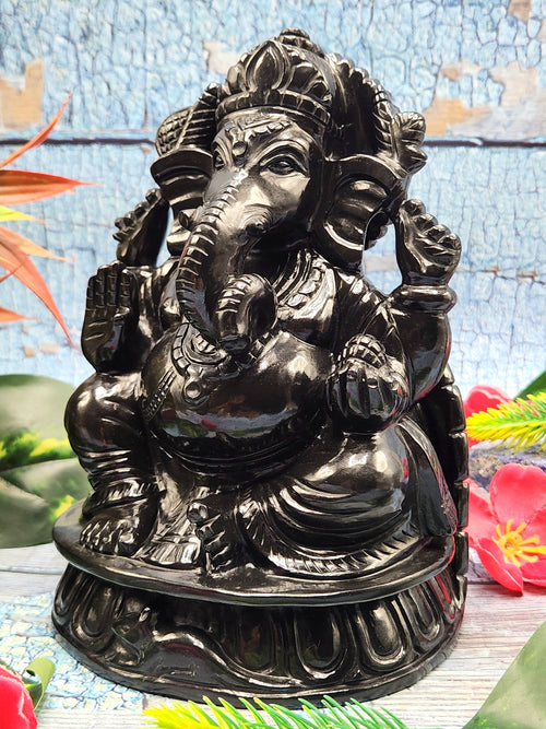 Elegant Handmade Ganesh Carving in Black Agate Stone - Embrace Strength and Protection - 6 inches and 1.89 kgs (4.16 lb)