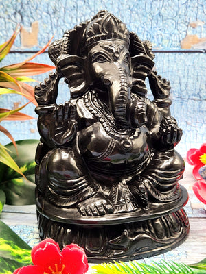 Elegant Handmade Ganesh Carving in Black Agate Stone - Embrace Strength and Protection - 6 inches and 1.89 kgs (4.16 lb)