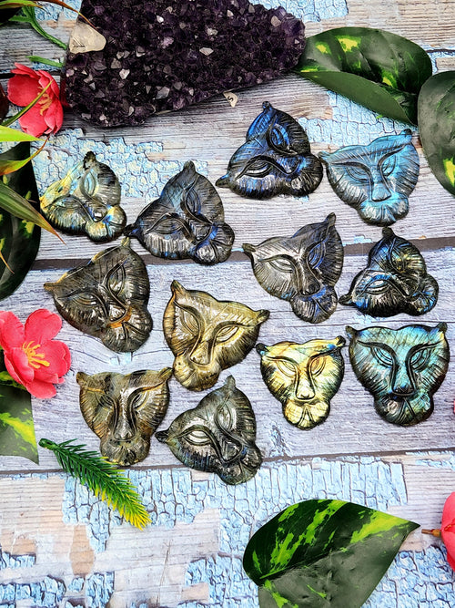 Majestic Handmade Gemstone Carving of Lion Face in Labradorite Stone - Symbol of Strength and Protection - 2 inches - ONE PIECE ONLY