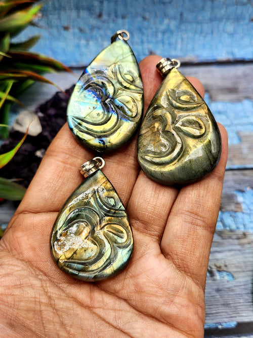Sacred Handmade Labradorite Om Symbol Teardrop Pendant with 925 Silver Loop - Spiritual Harmony and Divine Connection - ONE PIECE ONLY