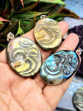 Harmonious Handmade Labradorite Om Symbol Oval Pendant with 925 Silver Loop - Embrace Spiritual Connection and Serenity - ONE PIECE ONLY