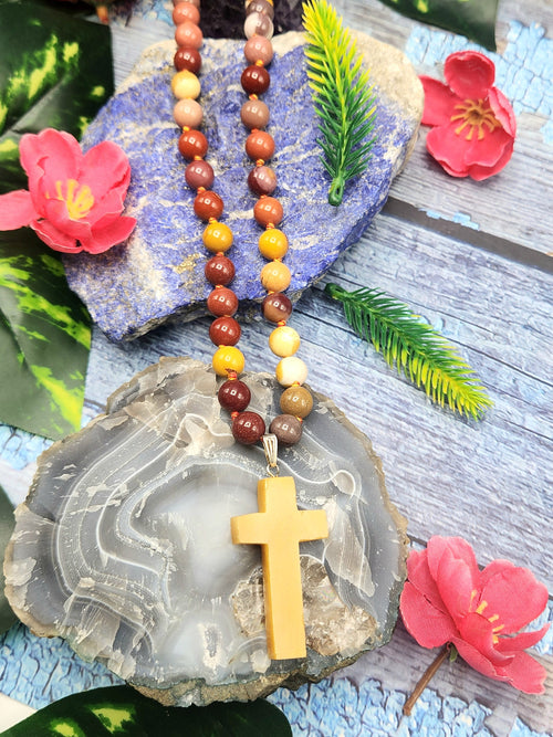 Sacred Handmade Mookaite Jasper Bead Mala with Yellow Aventurine Holy Cross Pendant - Embrace Spiritual Connection and Divine Protection