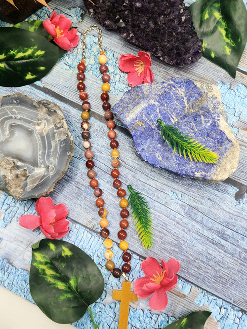 Sacred Handmade Mookaite Jasper Bead Mala with Yellow Aventurine Holy Cross Pendant - Embrace Spiritual Connection and Divine Protection