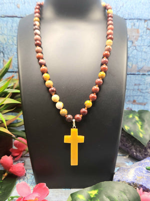 Sacred Handmade Mookaite Jasper Bead Mala with Yellow Aventurine Holy Cross Pendant - Embrace Spiritual Connection and Divine Protection