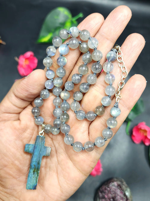 Sacred Handmade Labradorite Bead Mala with Labradorite Holy Cross Pendant - Embrace Spiritual Connection and Divine Protection