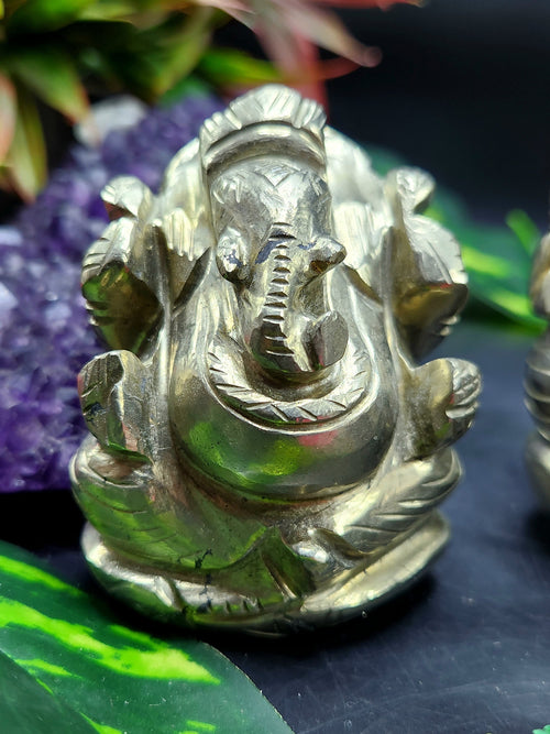 Pyrite stone Handmade Carving of Ganesh - Lord Ganesha Idol | Figurine in Crystals and Gemstones - 2.8 inches and 330 gms - ONE STATUE ONLY