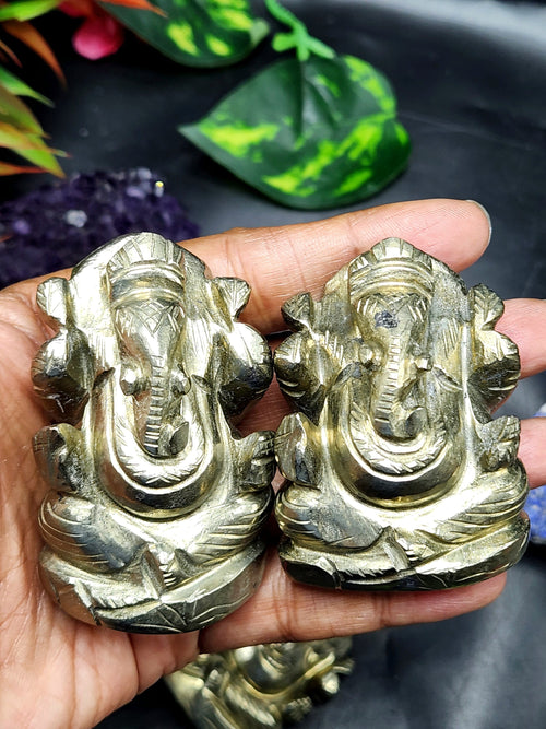 Pyrite stone Handmade Carving of Ganesh - Lord Ganesha Idol | Figurine in Crystals and Gemstones - 2.8 inches and 225 gms - ONE STATUE ONLY
