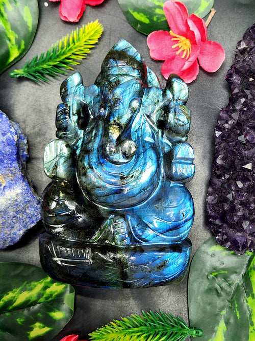 Labradorite Handmade Carving of Ganesh with blue flash - Lord Ganesha Idol | Figurine in Crystals and Gemstones - 5 inches and 0.77 kgs