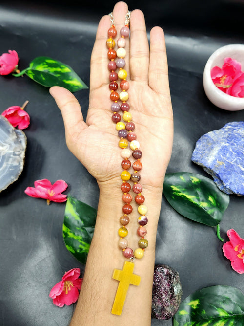 Mookaite Jasper Bead Mala with Yellow Aventurine Holy Cross Pendant - Embrace Divine Protection and Spiritual Connection