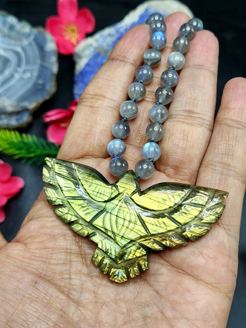 Labradorite Bead Mala with Labradorite Phoenix/Eagle Pendant - Embrace Transformation and Divine Connection