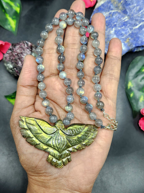 Labradorite Bead Mala with Labradorite Phoenix/Eagle Pendant - Embrace Transformation and Divine Connection