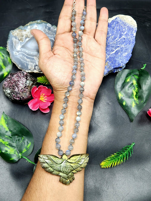 Labradorite Bead Mala with Labradorite Phoenix/Eagle Pendant - Embrace Transformation and Divine Connection