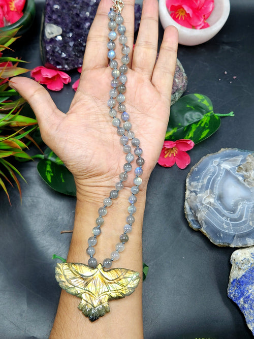 Labradorite Bead Mala with Labradorite Phoenix/Eagle Pendant - Embrace Transformation and Divine Beauty
