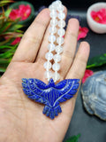 Rainbow Moonstone Bead Mala Necklace with Lapis Lazuli Phoenix/Eagle Pendant - Harness Transformation and Artisan Craftsmanship