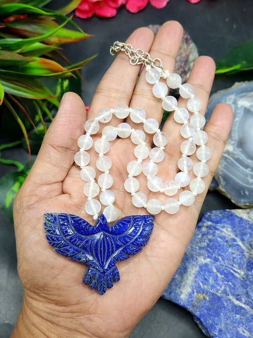 Rainbow Moonstone Bead Mala Necklace with Lapis Lazuli Phoenix/Eagle Pendant - Harness Transformation and Artisan Craftsmanship