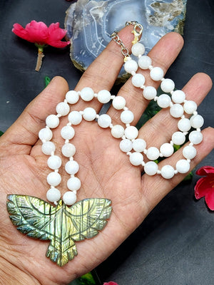 White Moonstone Bead Mala Necklace with Labradorite Phoenix Pendant - Symbolism and Craftsmanship