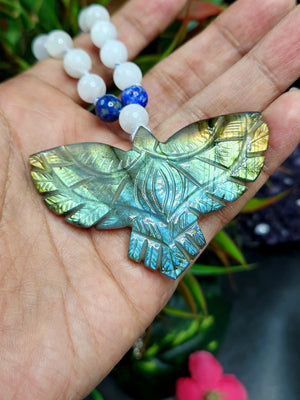 Selenite and Lapis Lazuli Bead Mala Necklace with Labradorite Phoenix Pendant - Symbolism and Artisan Craftsmanship