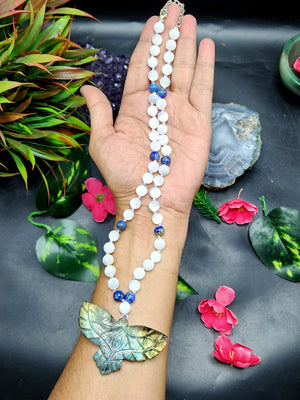 Selenite and Lapis Lazuli Bead Mala Necklace with Labradorite Phoenix Pendant - Symbolism and Artisan Craftsmanship