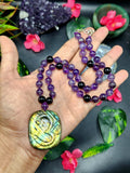 Amethyst Bead Mala Necklace with Labradorite Om Symbol Pendant - Spiritual Significance and Artisan Craftsmanship