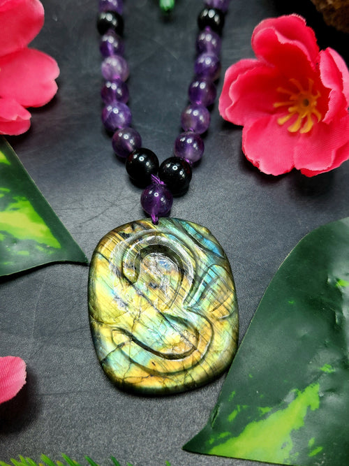Amethyst Bead Mala Necklace with Labradorite Om Symbol Pendant - Spiritual Significance and Artisan Craftsmanship