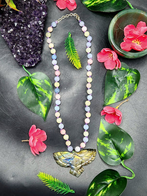 Morganite Bead Mala Necklace with Labradorite Phoenix Pendant - Embrace Renewal and Elegance