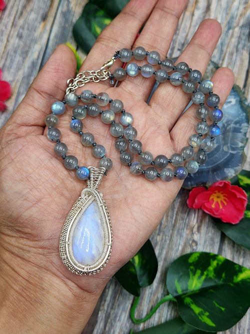 Labradorite Bead Mala Necklace with Rainbow Moonstone Pendant - Embrace the Mystical Union of Beauty and Serenity