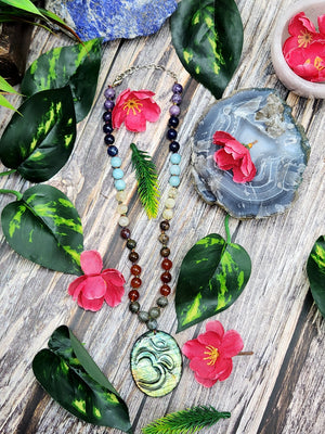 7-Chakra Bead Mala Necklace with Labradorite Om Symbol Pendant - Unleash the Energy of the Chakras