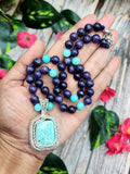 Lepidolite and Amazonite Bead Mala Necklace with Amazonite Wire Wrapped Pendant - Embrace Balance and Harmony