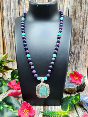 Lepidolite and Amazonite Bead Mala Necklace with Amazonite Wire Wrapped Pendant - Embrace Balance and Harmony