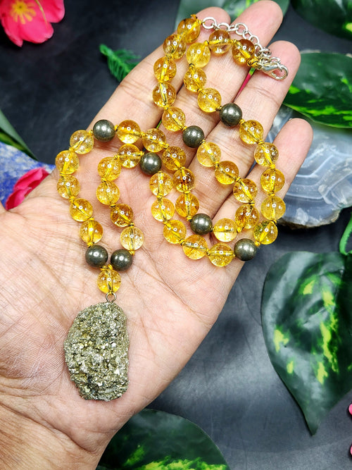 Citrine and Pyrite Bead Mala Necklace with Pyrite Rough Stone Pendant - Ignite Your Inner Strength and Abundance