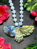 Aquamarine Bead Mala Necklace with Labradorite Phoenix Pendant - Embrace Serenity and Transformation