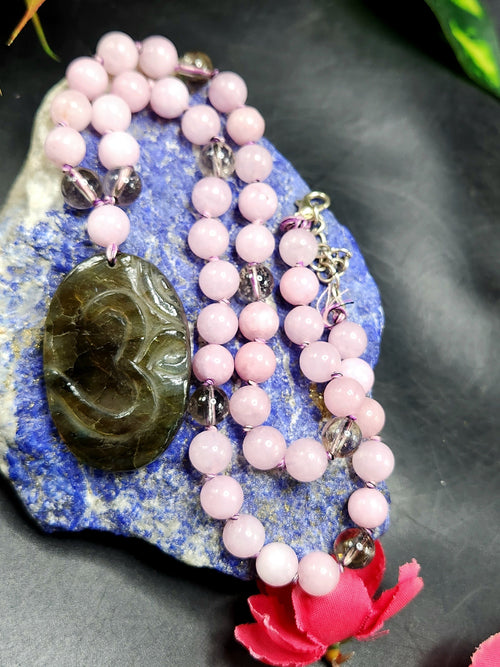 Kunzite and Smokey Quartz Bead Mala Necklace with Labradorite Om Symbol Pendant - Embrace Spiritual Harmony and Inner Balance