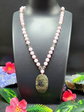 Kunzite and Smokey Quartz Bead Mala Necklace with Labradorite Om Symbol Pendant - Embrace Spiritual Harmony and Inner Balance