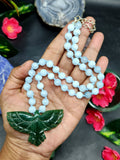 Aquamarine Bead Mala Necklace with Green Aventurine Phoenix Pendant - Embrace Renewal and Prosperity