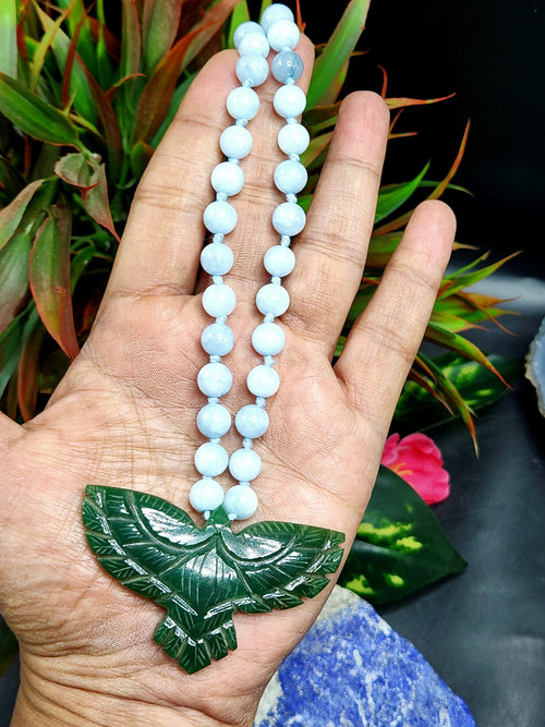 Aquamarine Bead Mala Necklace with Green Aventurine Phoenix Pendant - Embrace Renewal and Prosperity