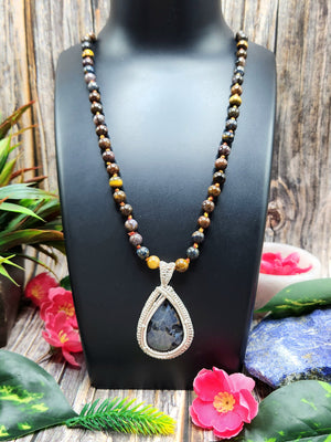 Pietersite and Tiger Eye Bead Mala Necklace with Wire-Wrapped Pietersite Pendant - Embrace the Harmonious Beauty of Nature